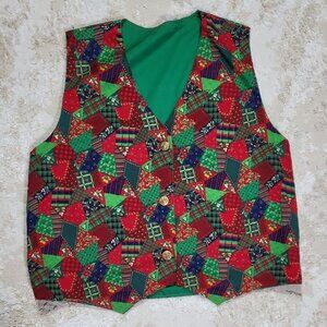 Handmade Women Christmas Gold Button Vest Size S/M/L/XL Patchwork Artsy Novelty